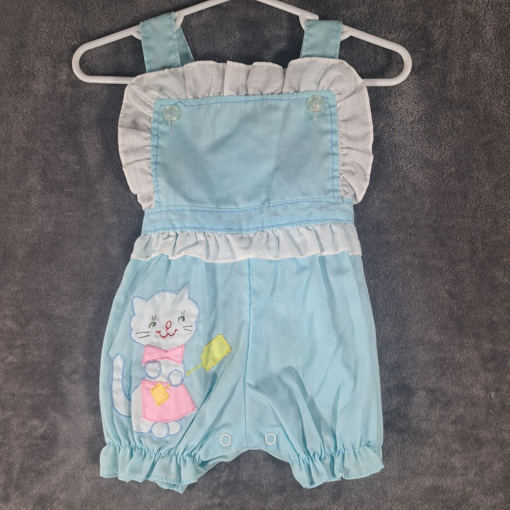 VTG Baby Girl Blue Ruffle‎ Kitten Sunsuit Romper Size 9 Months Retro Kitsch Cute